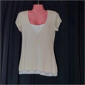 Small Beige Short Sleeve V Neck Top with White Lace Trim